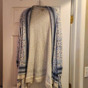 Lucky Brand Open Front Cardigan Sweater Blue White Floral Waterfall Hem Small